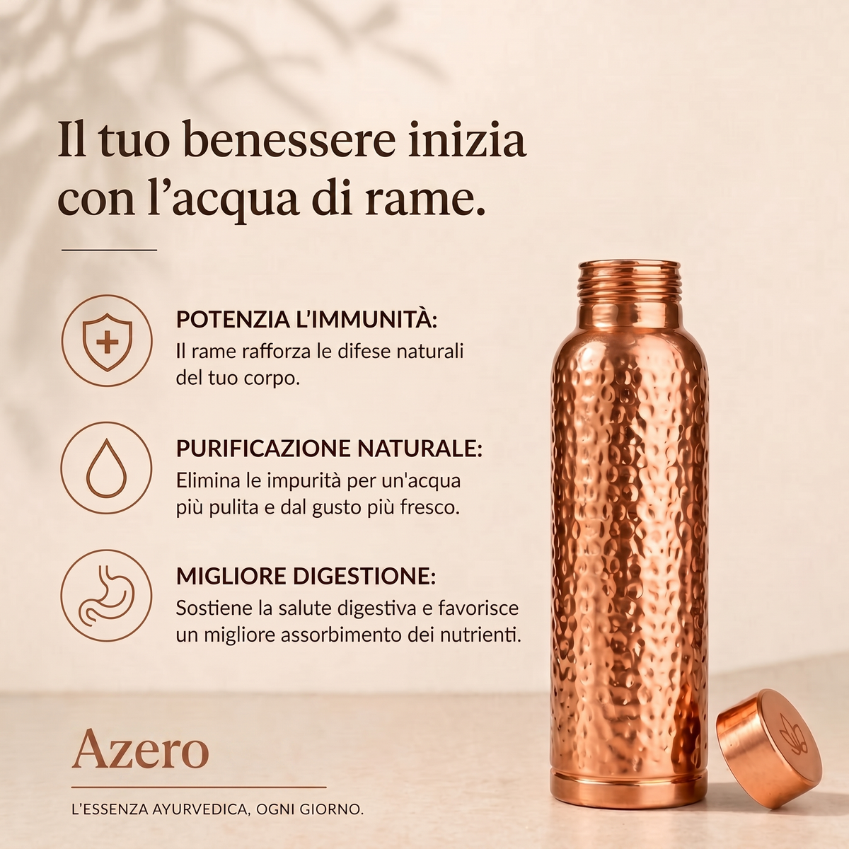 Borraccia in Rame – Azero™ | Acqua Purificata Naturalmente, Senza Plastica